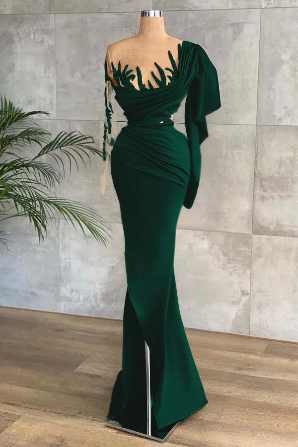 Green Long Sleeves Mermaid Side Split Prom Dress With Appliques BMBRIDE