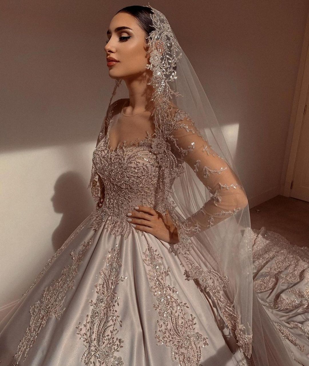 Gorgeous Sweetheart Long Sleeve Satin Wedding Dress with Beadings and Pearls BM bride