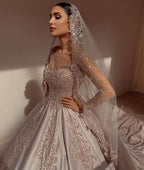 Gorgeous Sweetheart Long Sleeve Satin Wedding Dress with Beadings and Pearls BM bride