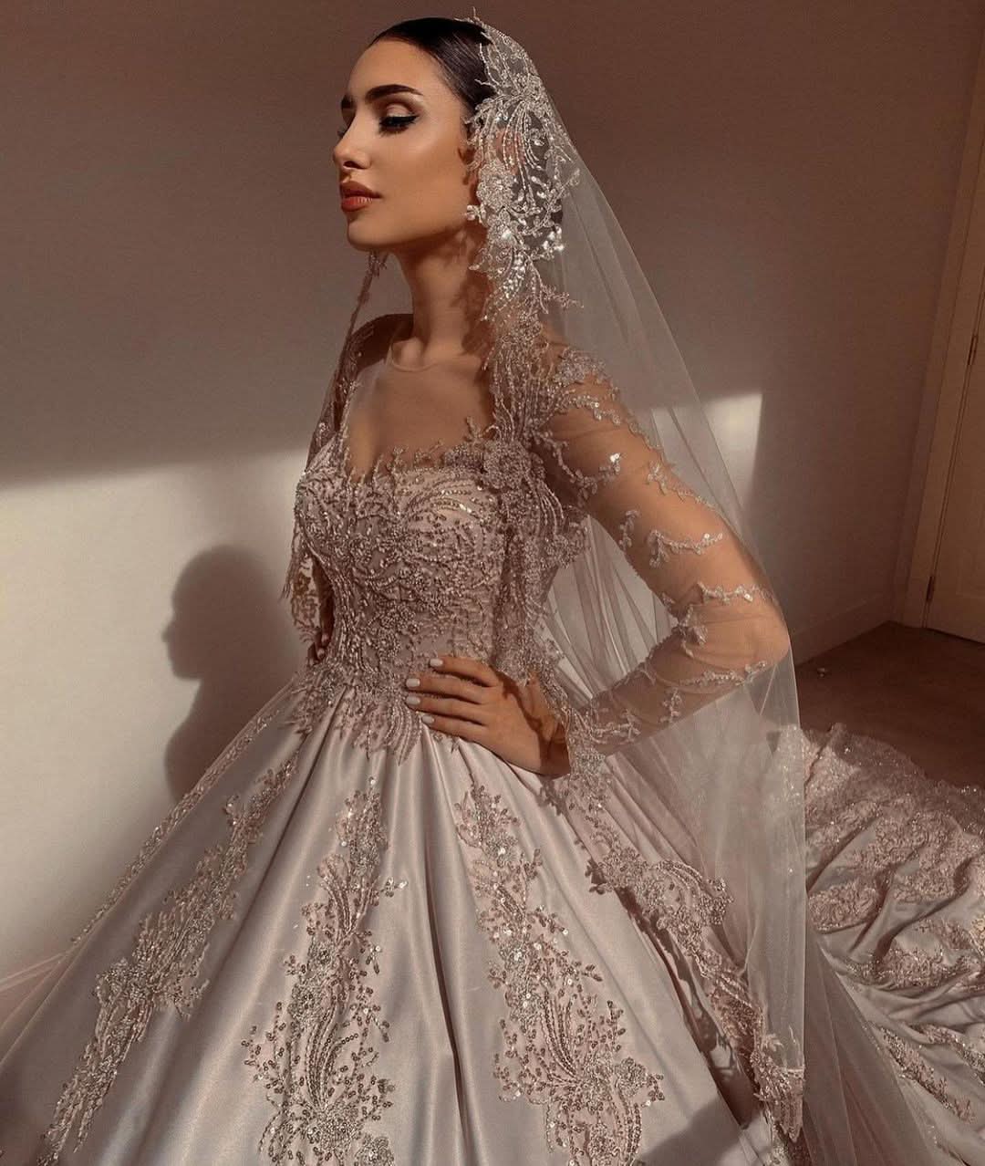 Gorgeous Sweetheart Long Sleeve Satin Wedding Dress with Beadings and Pearls BM bride