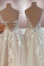 A-Line Backless Floor-length Wedding Dress With Tulle Lace Appliques BM bride
