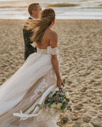 Vintage A-Line Off-the-Shoulder Backless Floor-Length Wedding Dress with Lace Tulle Appliques BM bride