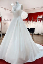 Long A-Line V-Neck Satin Open Back Wedding Dress with Ruffles BM bride