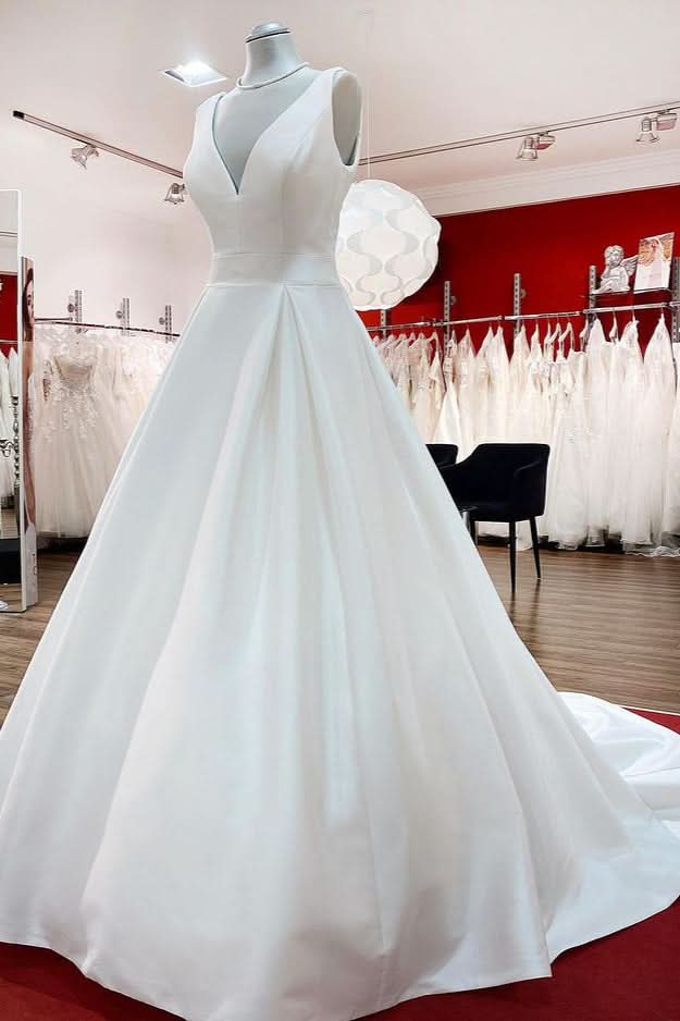 Long A-Line V-Neck Satin Open Back Wedding Dress with Ruffles BM bride
