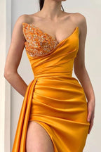 Orange Sweetheart Mermaid Evening Dress with Beadings Split and Ruffles BM bride
