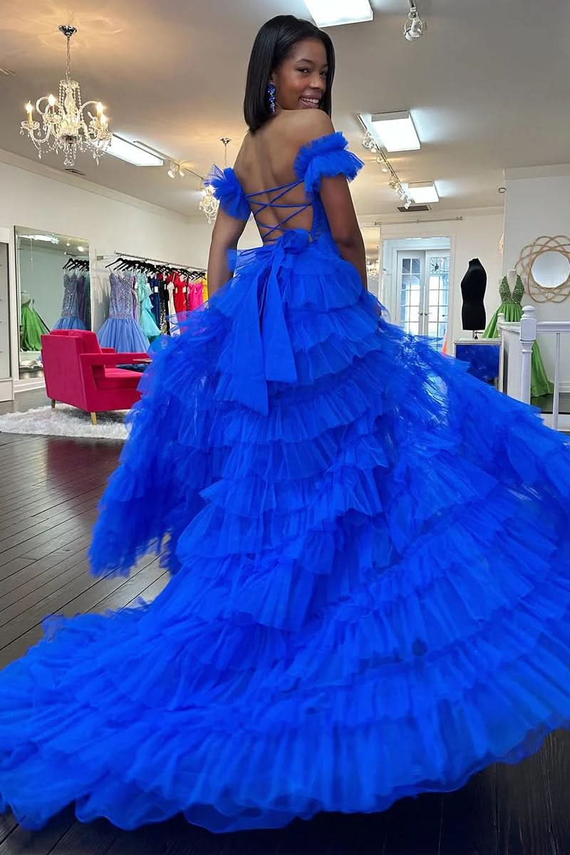 Majestic Royal Blue Off-the-Shoulder Ruffle Tiered Tulle Long Prom Dress with Slit BM bride