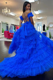 Majestic Royal Blue Off-the-Shoulder Ruffle Tiered Tulle Long Prom Dress with Slit BM bride