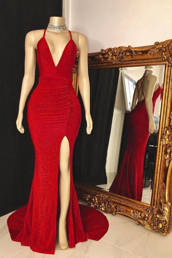 Red Halter Sleeveless Prom Dress with Split BM bride