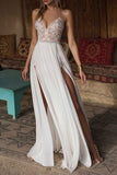White Spaghetti Strap Mermaid Split Wedding Dress with Lace Applique BM bride