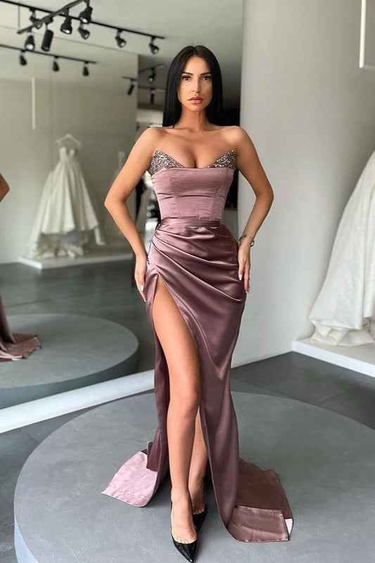 Chic Mermaid Strapless Sweetheart Prom Dress High Split Long With Sequins