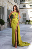 Green One Shoulder Prom Dress with Pleated Split BM bride