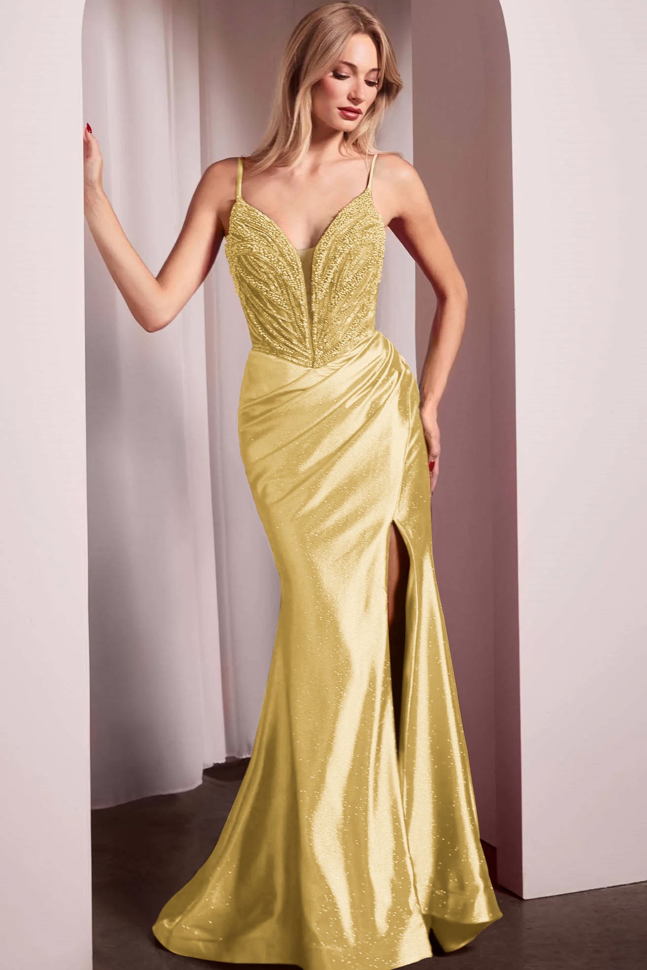 Spaghetti Strap Long Mermaid Prom Dress With Split Beading Pleated BMBRIDE