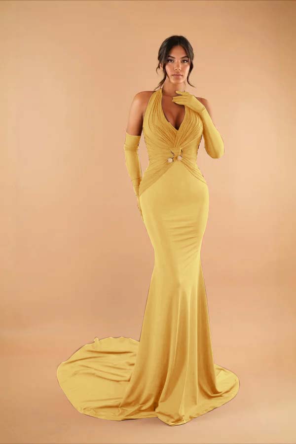 Halter Sleeveless Long Mermaid Prom Dress With Pleated Gloves BMBRIDE