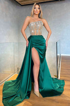 Green Strapless Evening Dress with High Slit and Sequins BM bride