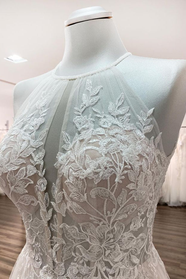 Halter Sleeveless A-Line Wedding Dress with Open Back, Lace, and Tulle BM bride