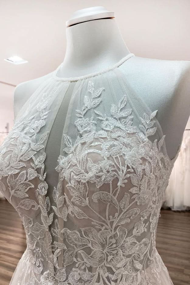 Halter Sleeveless A-Line Wedding Dress with Open Back, Lace, and Tulle BM bride