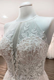 Halter Sleeveless A-Line Wedding Dress with Open Back, Lace, and Tulle BM bride