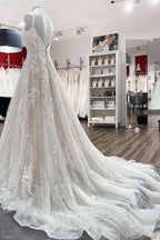 V-Neck Long A-Line Wedding Dress with Ruffles, Open Back, and Tulle Lace BM bride