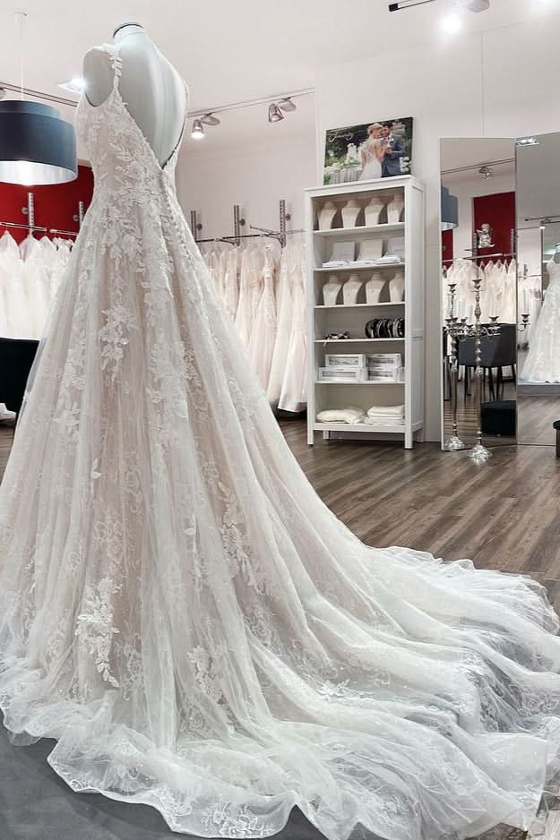 V-Neck Long A-Line Wedding Dress with Ruffles, Open Back, and Tulle Lace BM bride