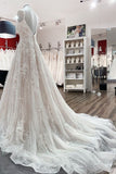 V-Neck Long A-Line Wedding Dress with Ruffles, Open Back, and Tulle Lace BM bride