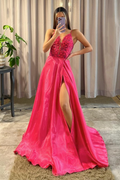 Pink Deep V Neck Appliques A Line Long Prom Dress With Slit
