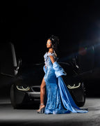 The Sky Diamond - 2026 Off-Shoulder Beaded Mermaid Gown: White Floral Appliqués with Crystal Fringe & Blue Satin Sleeves