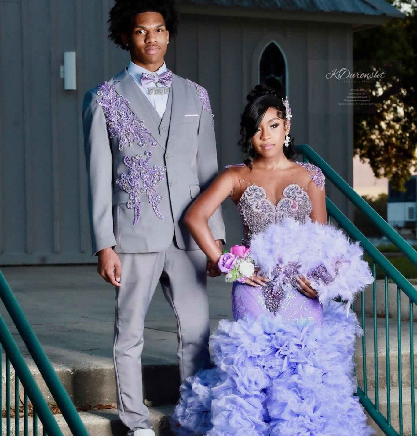 Lavender Dream - Purple Crystal Beaded Sheer Bodice Prom Dress with Ruffle Feather Skirt