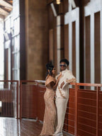 Golden Radiance - Rose Gold Off-Shoulder Sequin Beaded Mermaid Prom Dress with Feather Cuffs BMBRIDE