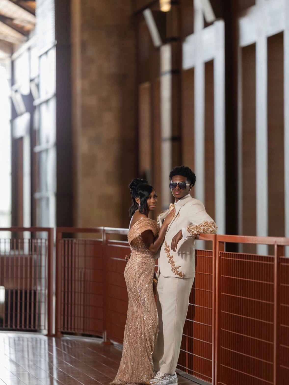 Golden Radiance - Rose Gold Off-Shoulder Sequin Beaded Mermaid Prom Dress with Feather Cuffs BMBRIDE