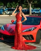 Red Hot - Sheer Illusion Beaded Mermaid Prom Dress with 3D Florals