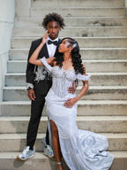 Silver Frost - Silver Crystal Beaded Off-Shoulder Mermaid Prom Dress with Crystal Fringe & Thigh Slit BMBRIDE