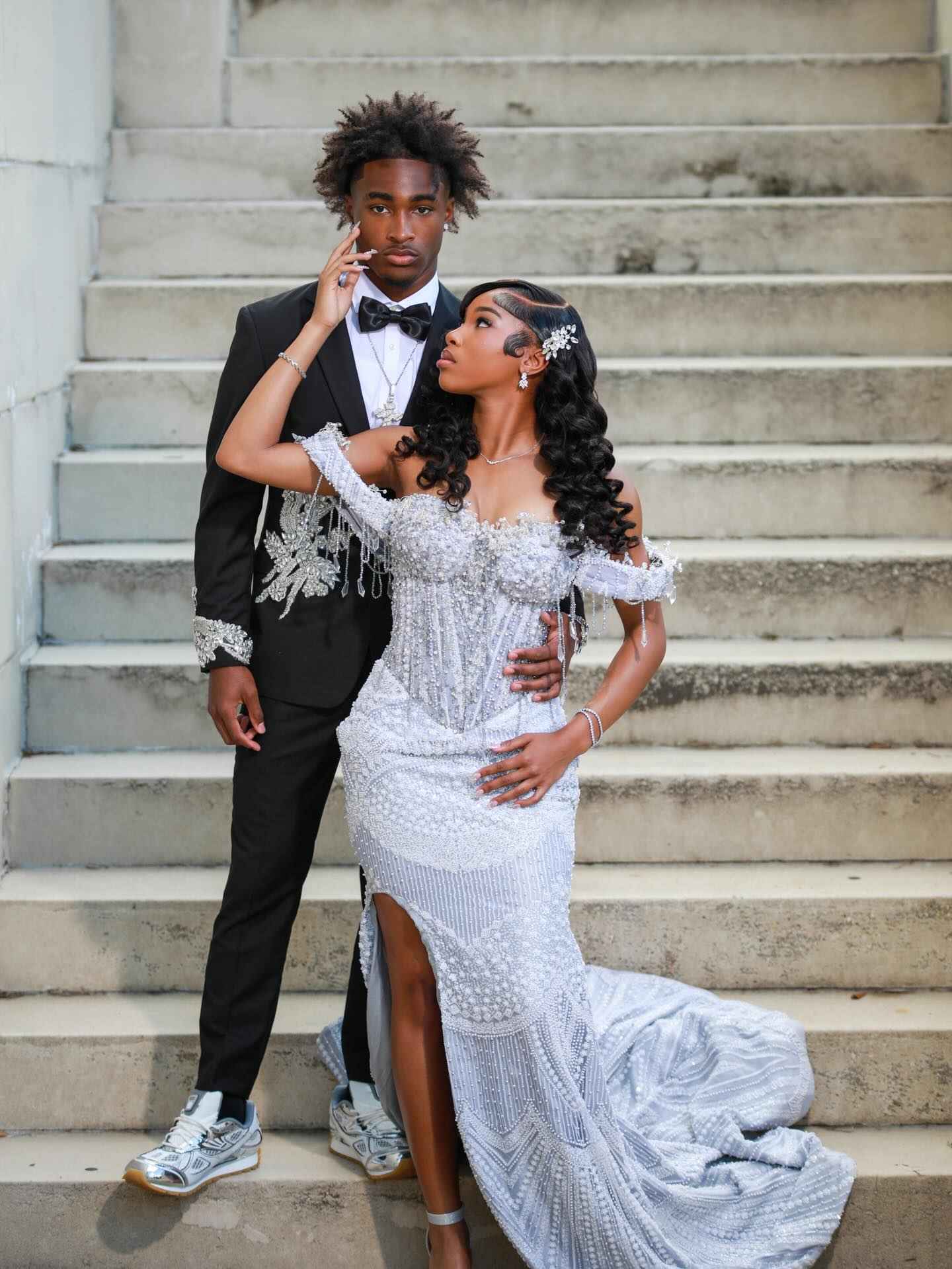 Silver Frost - Silver Crystal Beaded Off-Shoulder Mermaid Prom Dress with Crystal Fringe & Thigh Slit BMBRIDE