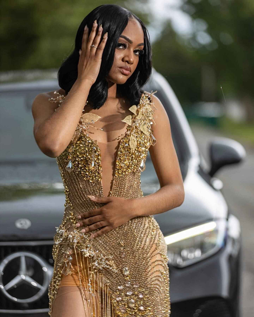 Golden Goddess - Luxury Beaded Mermaid Prom Dress with 3D Florals & Fringe BMBRIDE