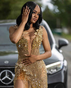 Golden Goddess - Luxury Beaded Mermaid Prom Dress with 3D Florals & Fringe BMBRIDE