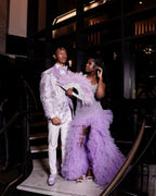 The Lavender Dream - 2026 Lavender Purple Crystal Feather Ruffle Mermaid Gown: Sweetheart Neckline with Feather Sleeves & Layered Tulle Cathedral Train