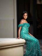 Emerald Dream - Off-Shoulder Sequin Beaded Mermaid Prom Dress with 3D Floral Details
