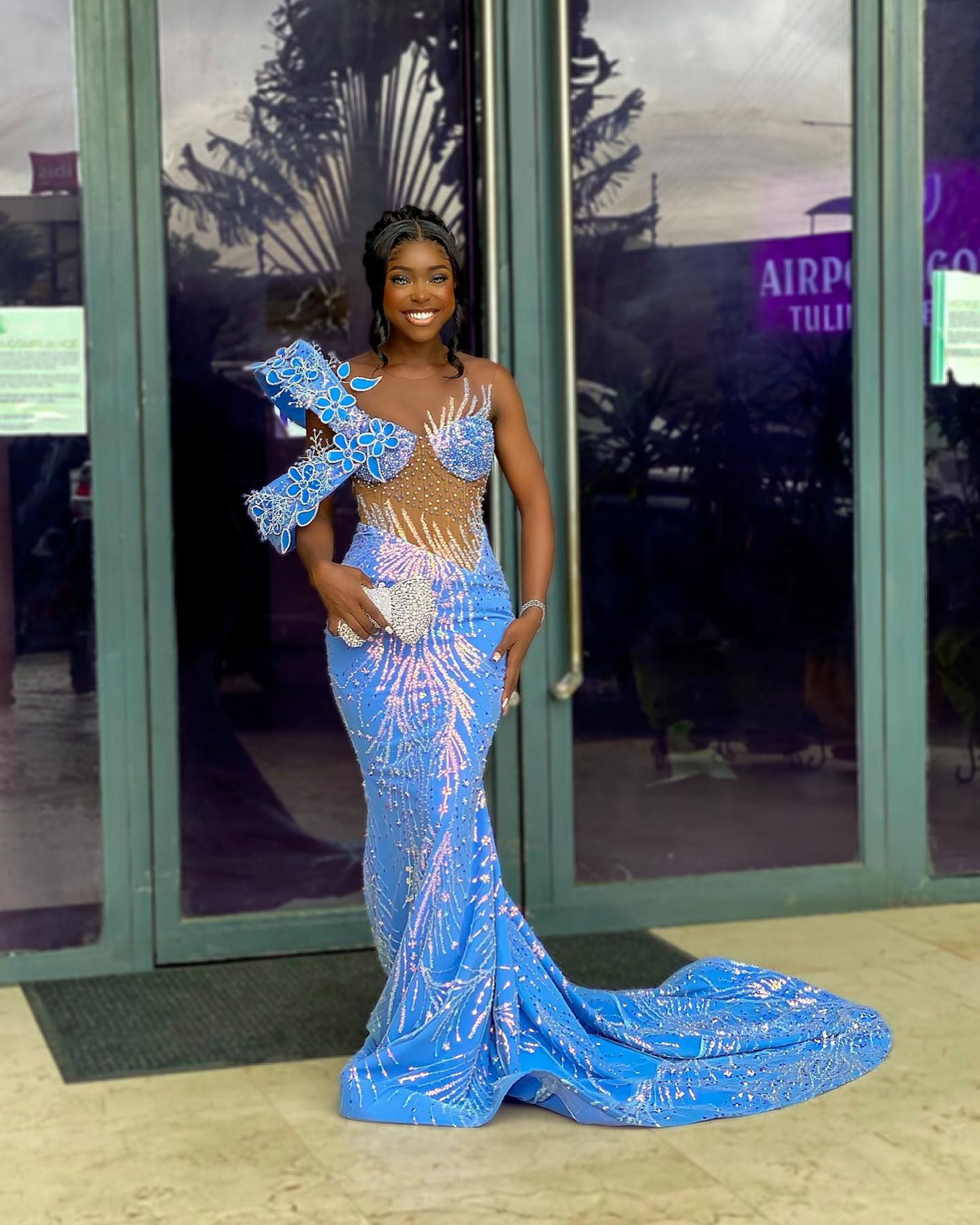 The Blue Butterfly - 2026 Beaded Mermaid Gown: One-Shoulder Blue Lace Appliqué with Sheer Crystal Corset & Geometric Beadwork