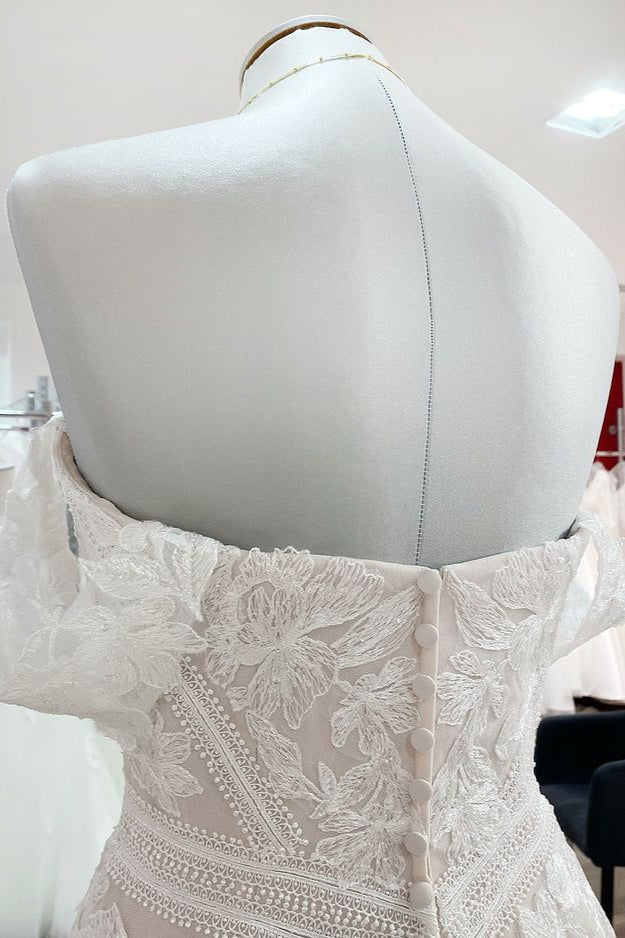 Sleeveless Off-the-Shoulder Long A-Line Wedding Dress with Tulle Lace Appliques BM bride