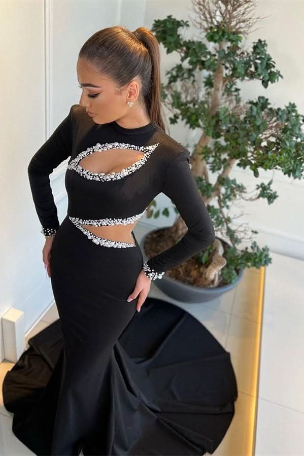 Black Long Sleeves Mermaid Prom Dress High Neck with Beadings BM bride