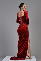 Samt Long Sleeves Square Pleated High Slit Evening Dress BM bride