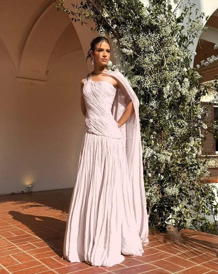 Chic One Shoulder Sleeveless Long Prom Dress With Pleated Shawl