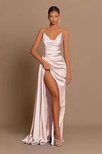 Elegant Royal Blue Long Charmeuse Evening Dress with Slit Pleats BM bride