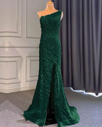 Light Purple Front Split One-Shoulder Beaded Mermaid Prom Dress with Long Ruffles BM bride