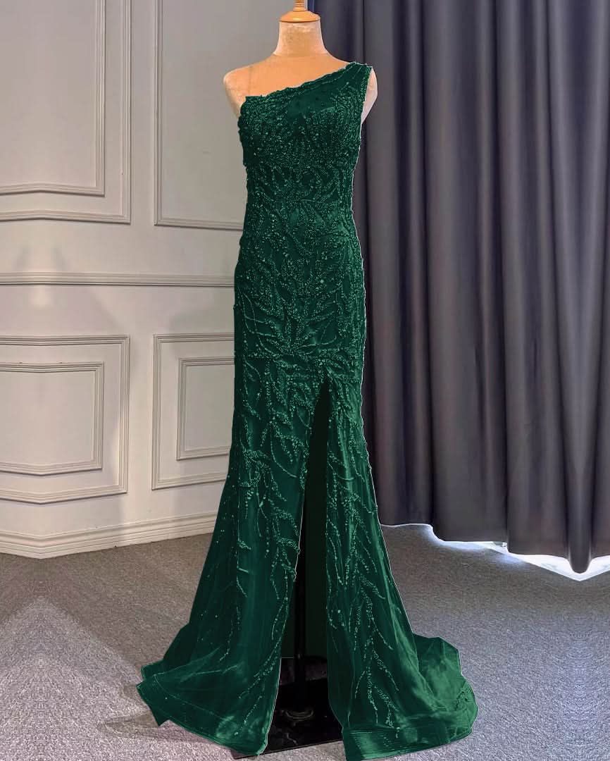 Light Purple Front Split One-Shoulder Beaded Mermaid Prom Dress with Long Ruffles BM bride