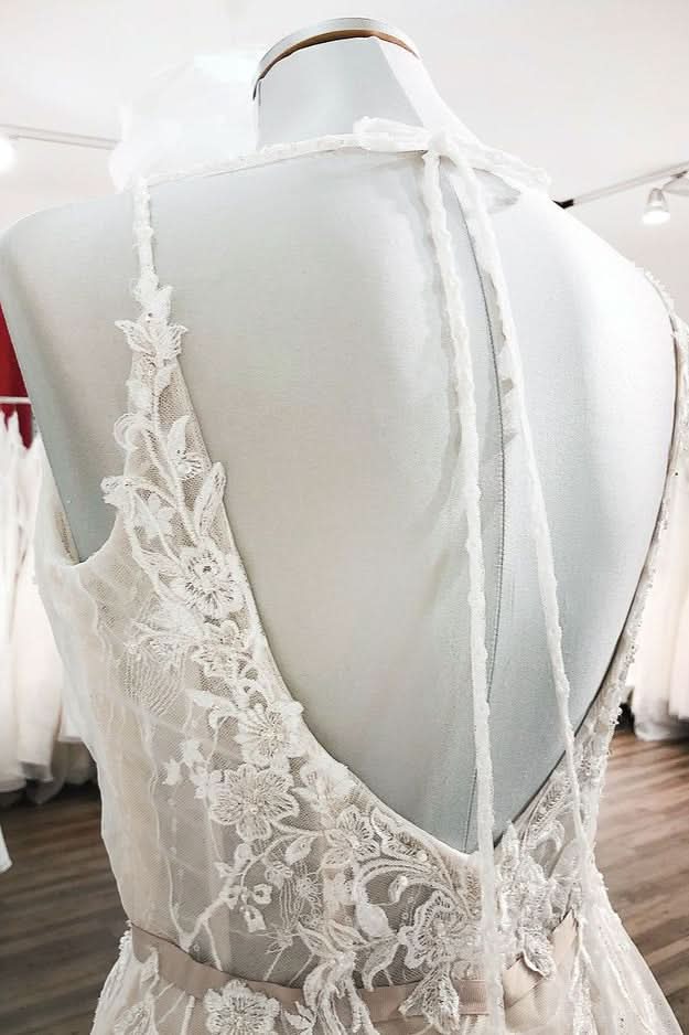 Long A-line Wedding Dress Backless Lace With Tulle V-neck BM bride
