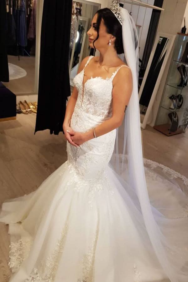 Spaghetti Straps Long Mermaid Wedding Dress With Lace Appliques Tulle BM bride