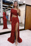 Burgundy One-Shoulder Mermaid Evening Dress Long Sequins BM bride