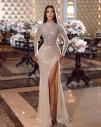 Shiny High Neck Long Sleeves Pleated Mermaid Prom Dress With Split For Women