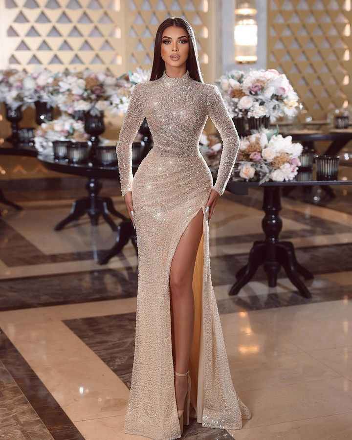 Shiny Sequins High Neck Long Sleeves Mermaid Prom Dress With Split