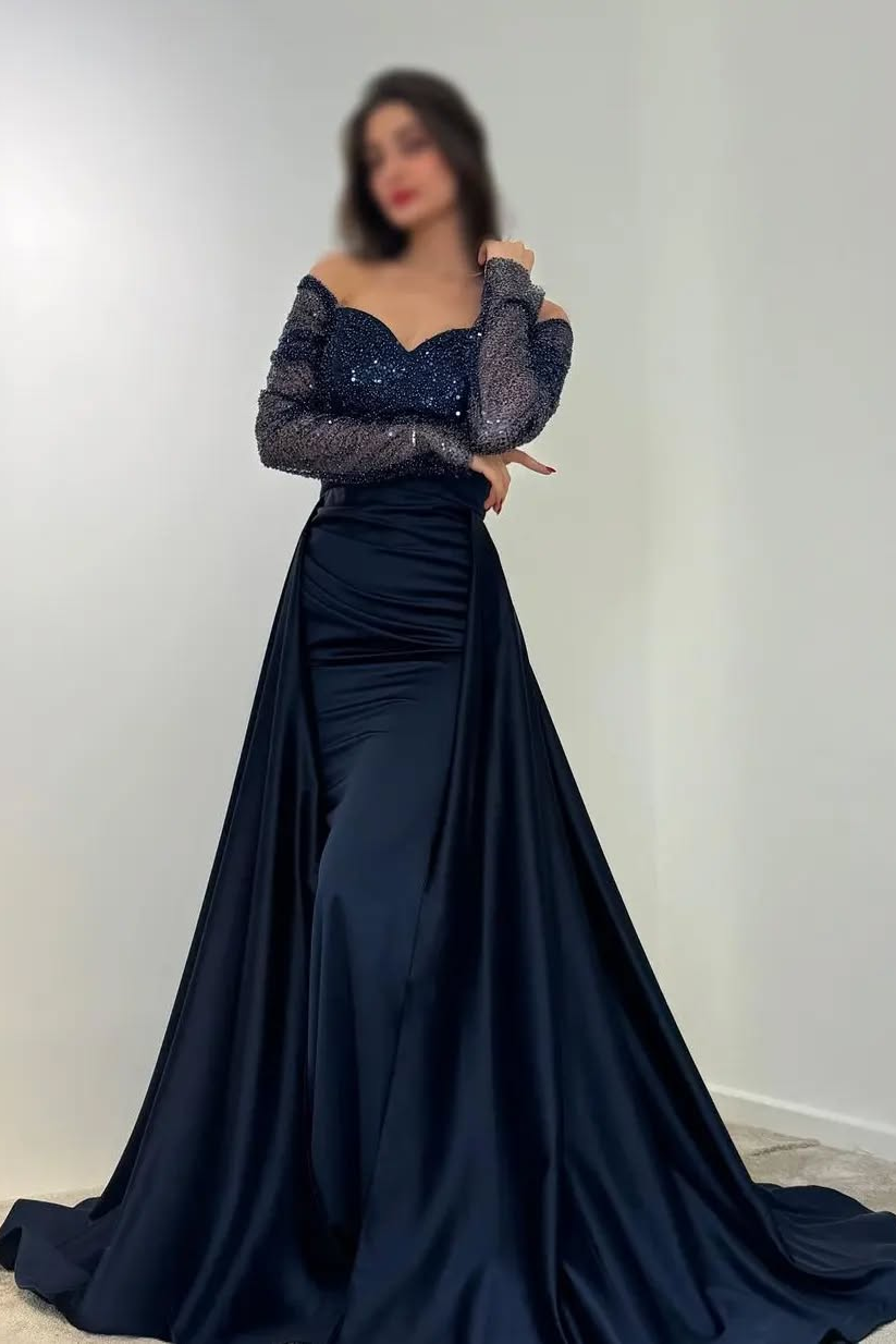 Off the Shoulder Long Sleeves Long Prom Dress With Sequins Pleated